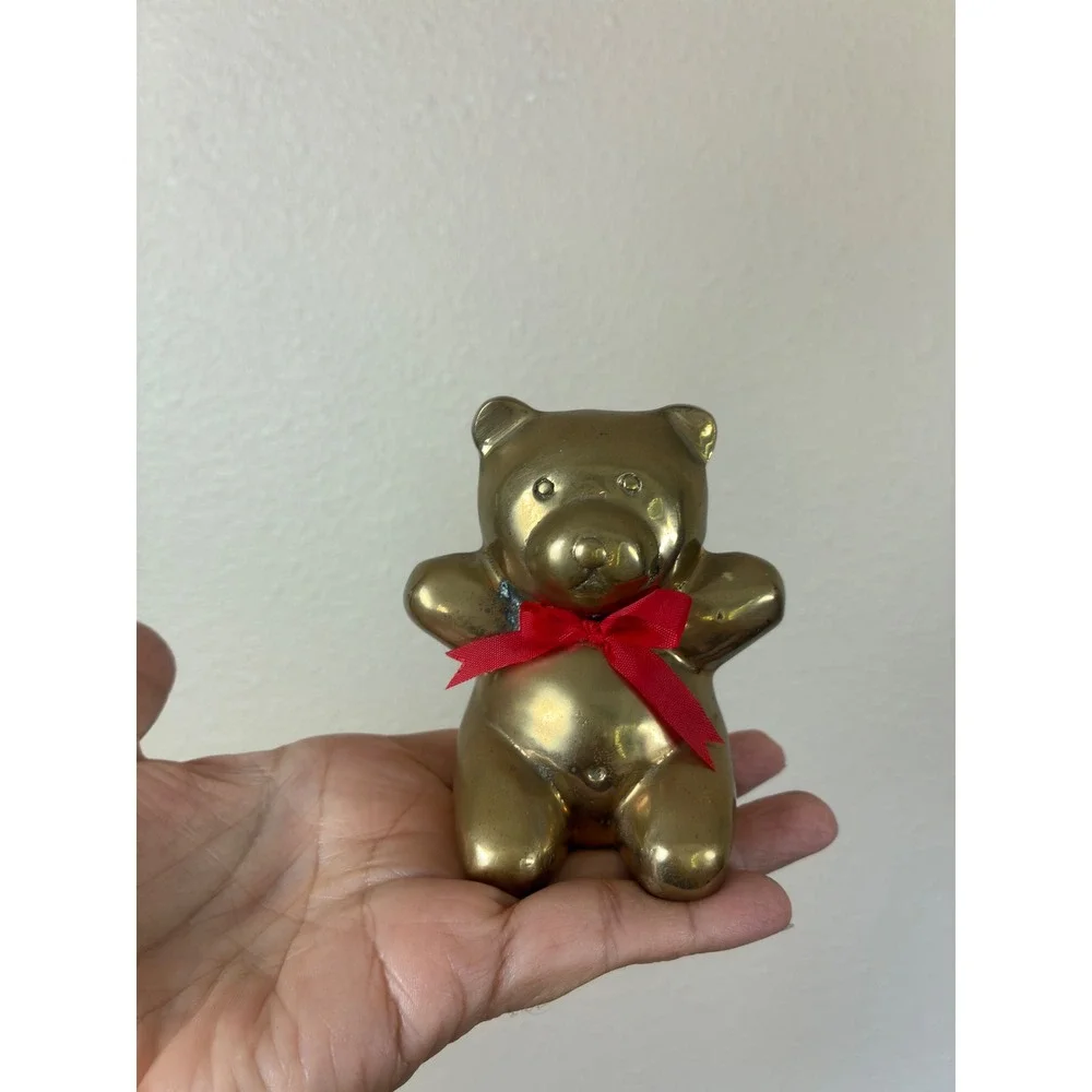 Vintage Solid Brass Teddy Bear Figurine Paperweight Red Ribbon Made in Taiwan
